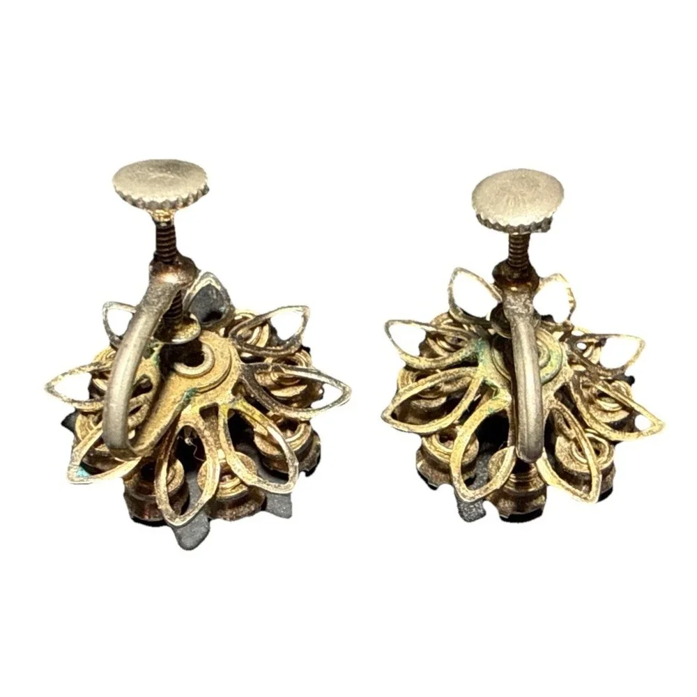 Vintage Blue Rhinestone Floral Style Screw Back Earrings J15-20